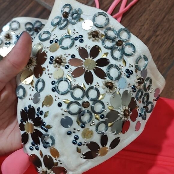 Victoria secret L coral pink sequins beaded bikini - Picture 2 of 4